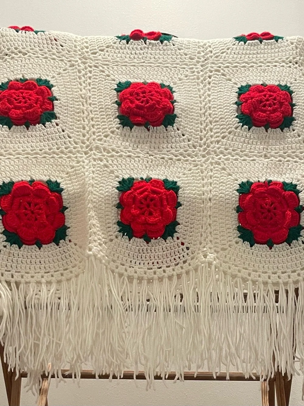 Vintage Granny Square 3D Rose Throw Blanket Afghan Cabbage Rose Christmas